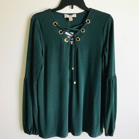 MICHAEL‎ Michael Kors Emerald Green Grommet Lace Up Neck Long Sleeve Top - Picture 4 of 9